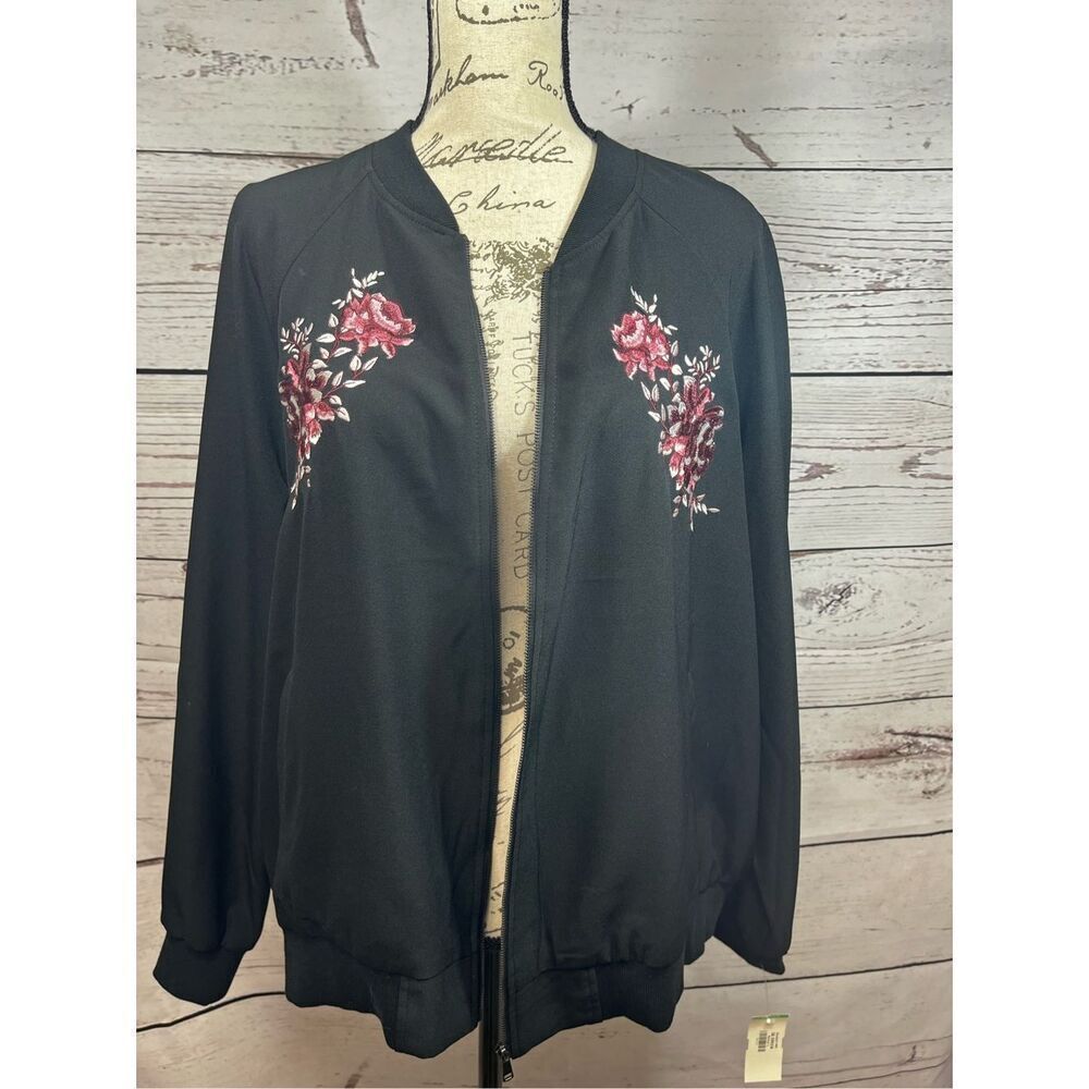 Roz & Ali Womens Black Floral Embroidered Bomber Jacket Plus Size 2X RN143044